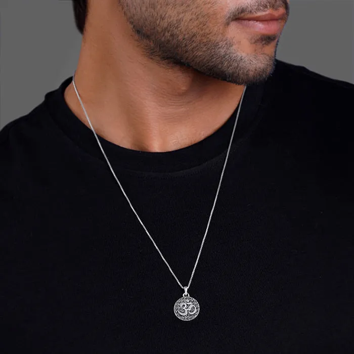 Oxidised Silver Om Pendant with Box Chain For Him Giva