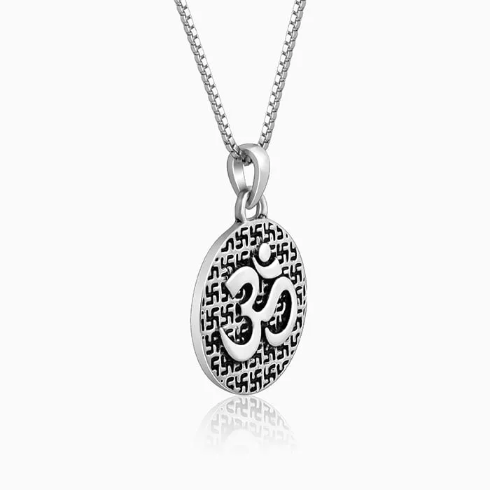 Oxidised Silver Om Pendant with Box Chain For Him Giva