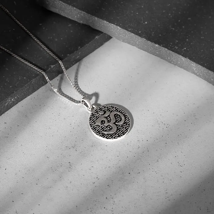 Oxidised Silver Om Pendant with Box Chain For Him Giva