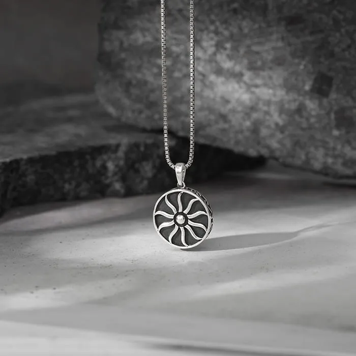 Oxidised Silver Sunshine Pendant With Box Chain For Him Giva