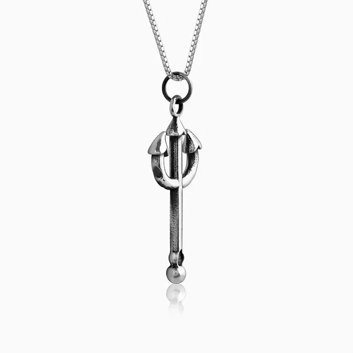 Oxidised Silver Trident Pendant with Box Chain For Him Giva
