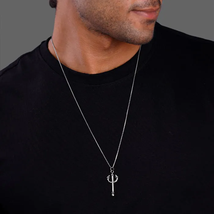 Oxidised Silver Trident Pendant with Box Chain For Him Giva