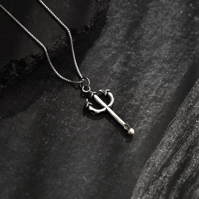 Oxidised Silver Trident Pendant with Box Chain For Him Giva