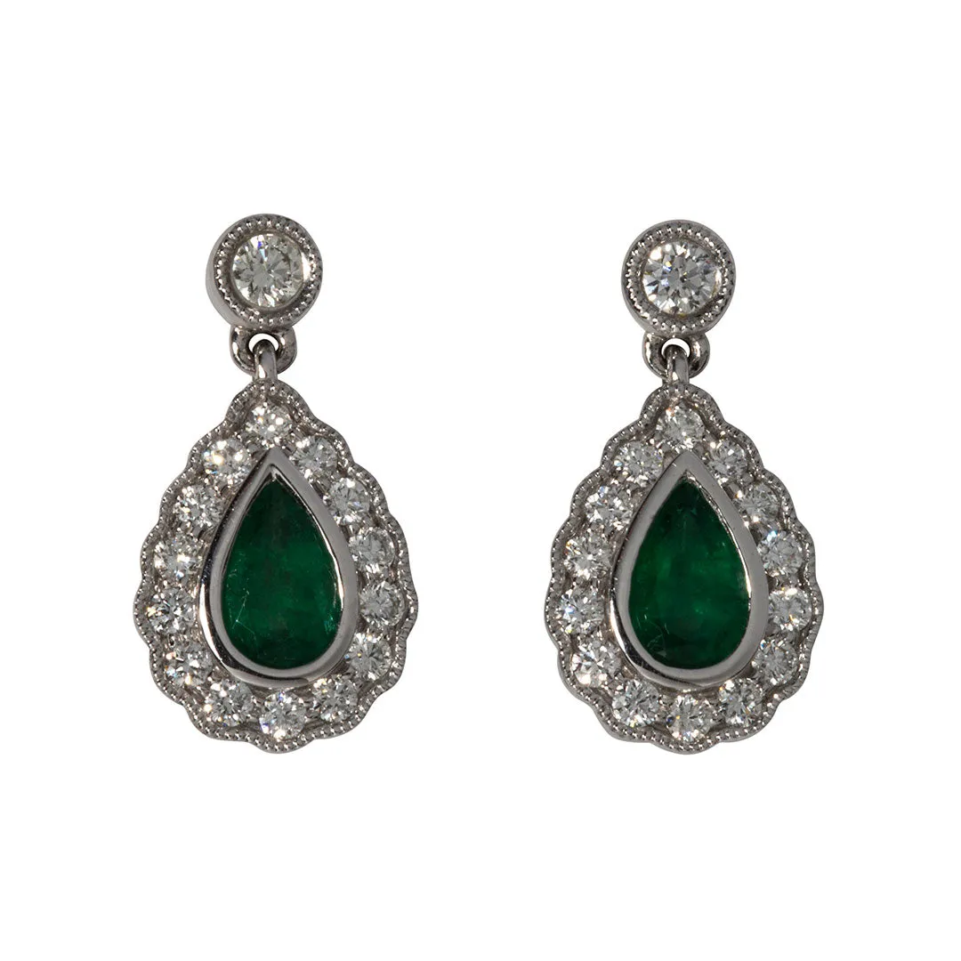 Pear Emerald & Diamond 18K White Gold Drop Earrings Croghans