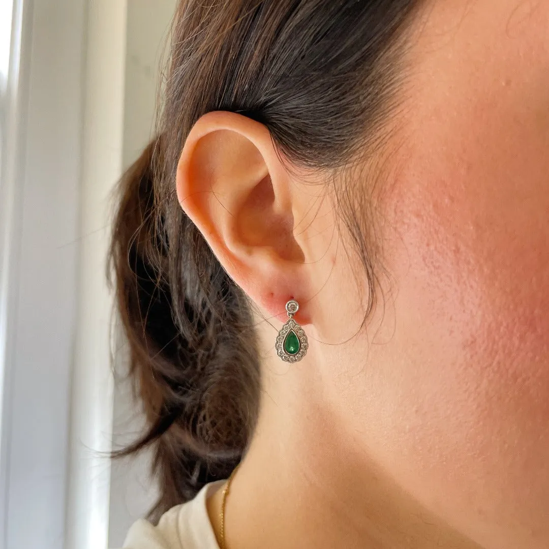 Pear Emerald & Diamond 18K White Gold Drop Earrings Croghans