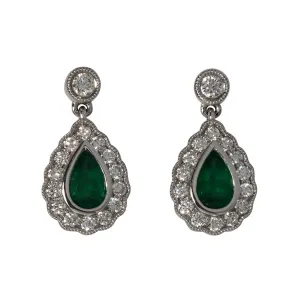 Pear Emerald & Diamond 18K White Gold Drop Earrings Croghans