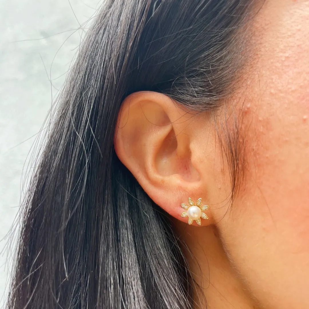 Pearl & Diamond 14K Yellow Gold Flower Stud Earrings Croghans