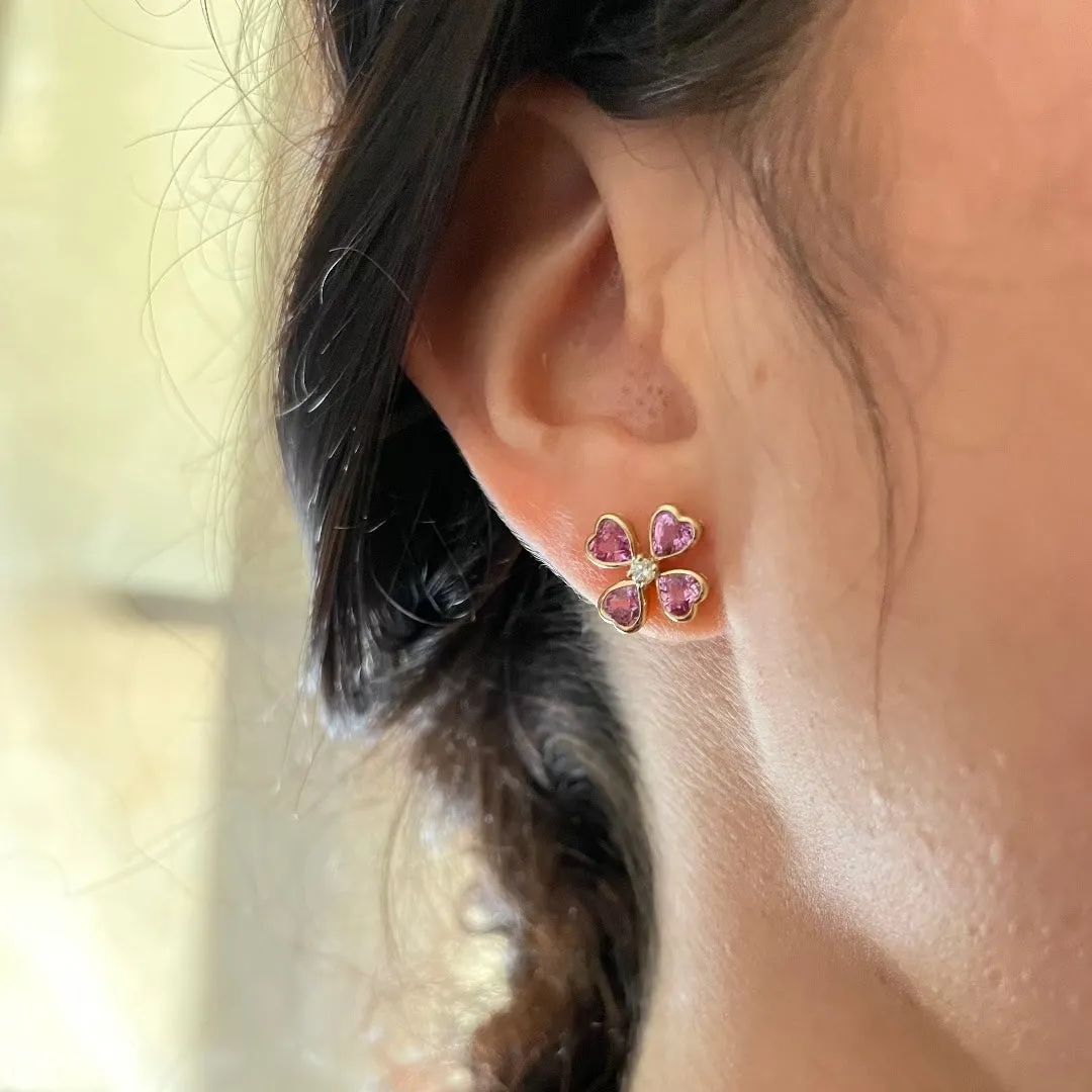 Pink Sapphire & Diamond 14K Gold Clover Stud Earrings Croghans
