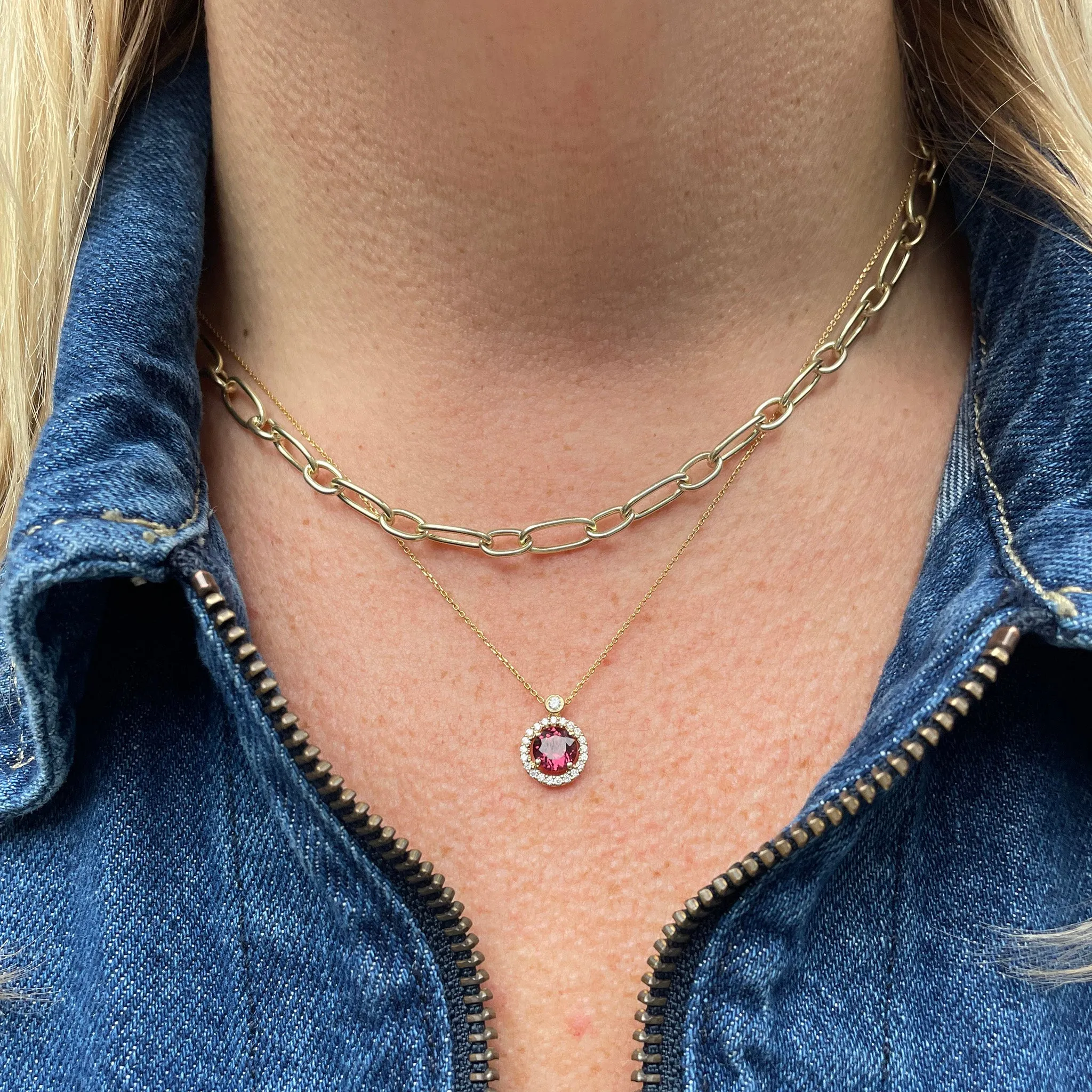 Pink Tourmaline & Diamond Halo Pendant 14K Gold Necklace Croghans