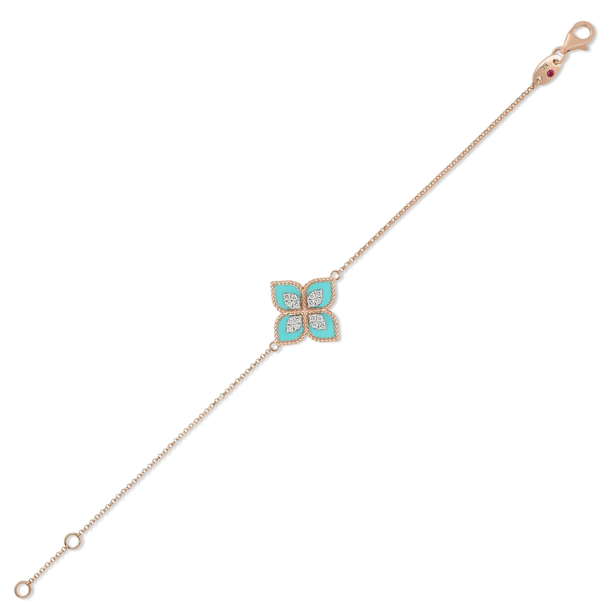 Roberto Coin Princess Flower 18ct Rose Gold Turquoise Diamond Bracelet