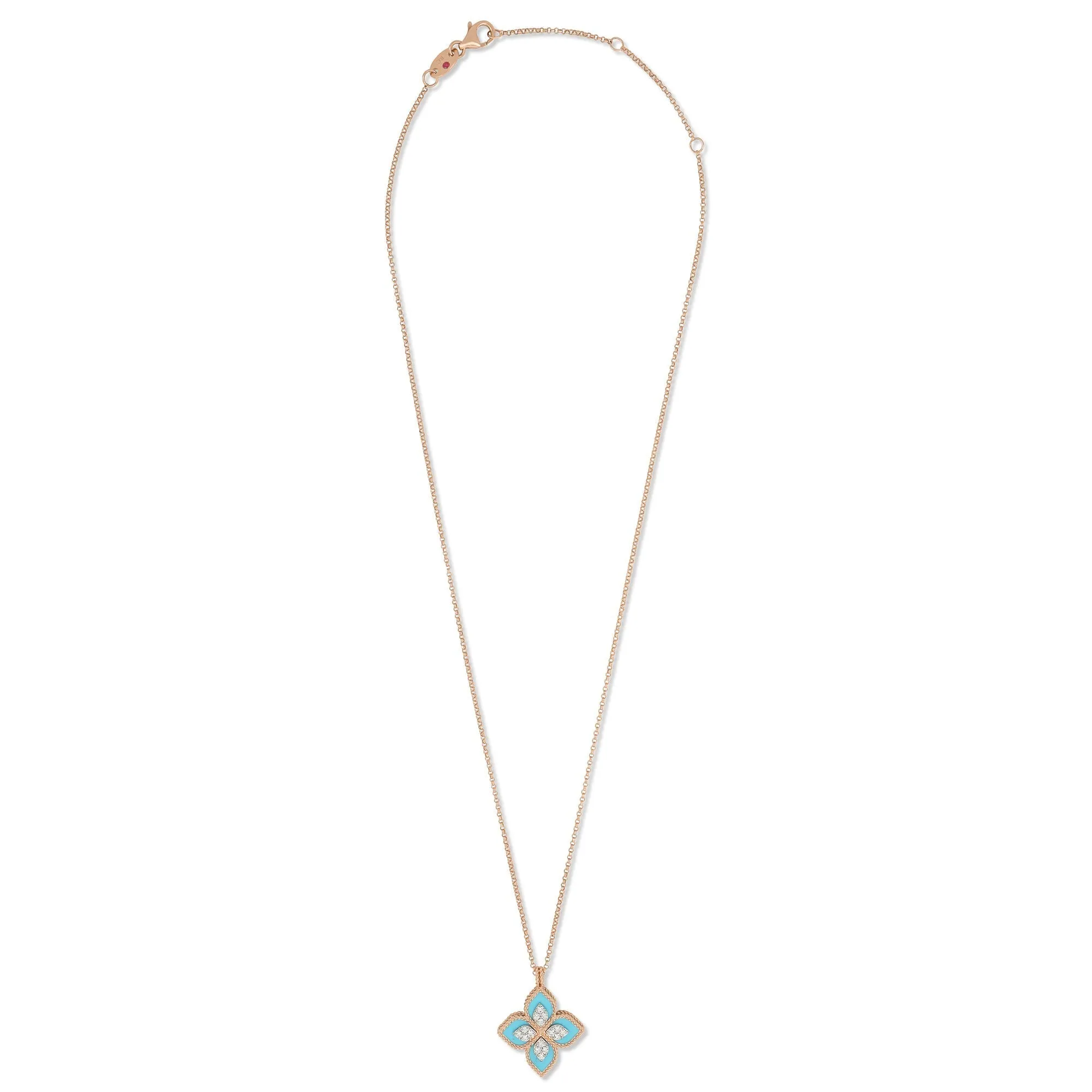 Roberto Coin Princess Flower 18ct Rose Gold Turquoise Diamond Necklace