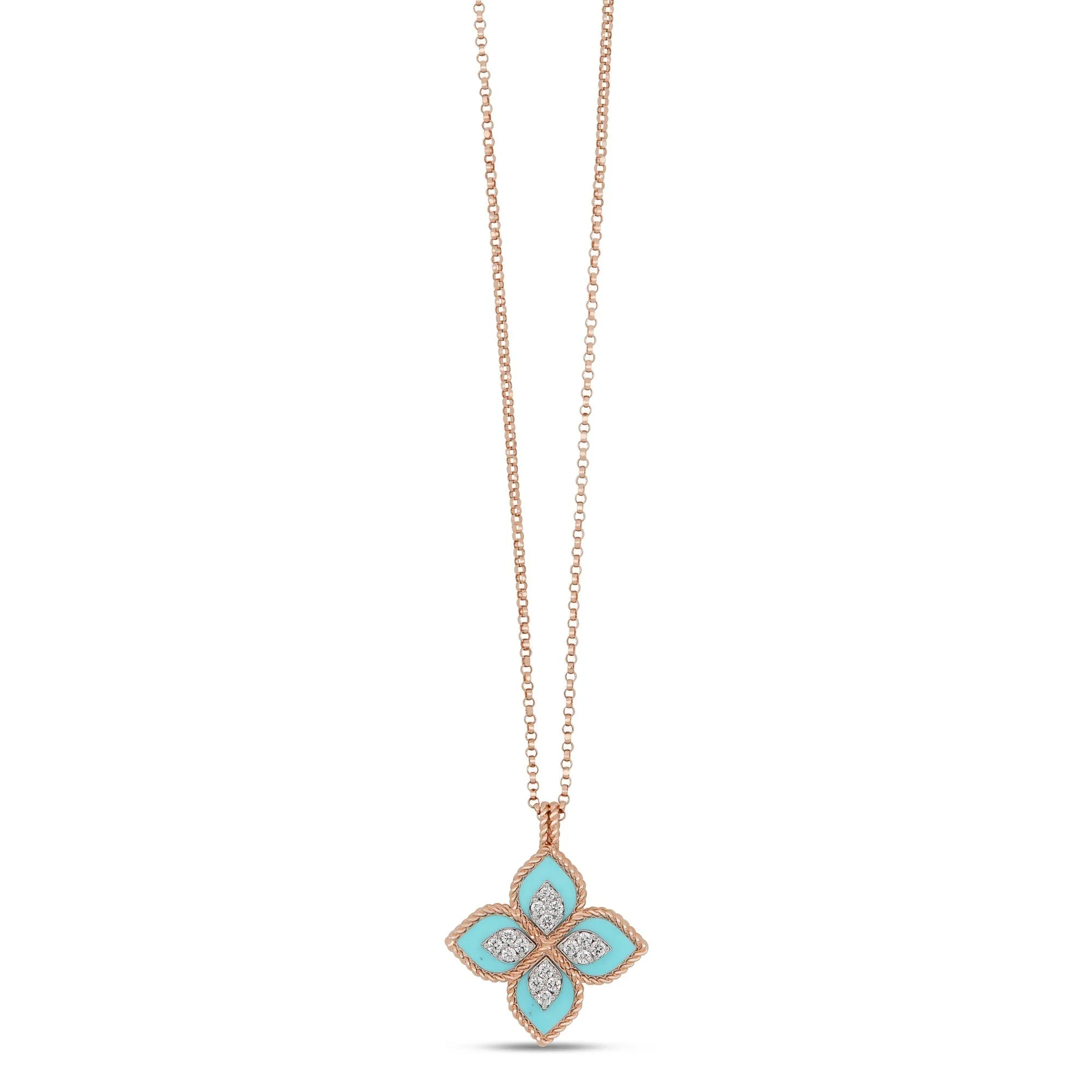 Roberto Coin Princess Flower 18ct Rose Gold Turquoise Diamond Necklace