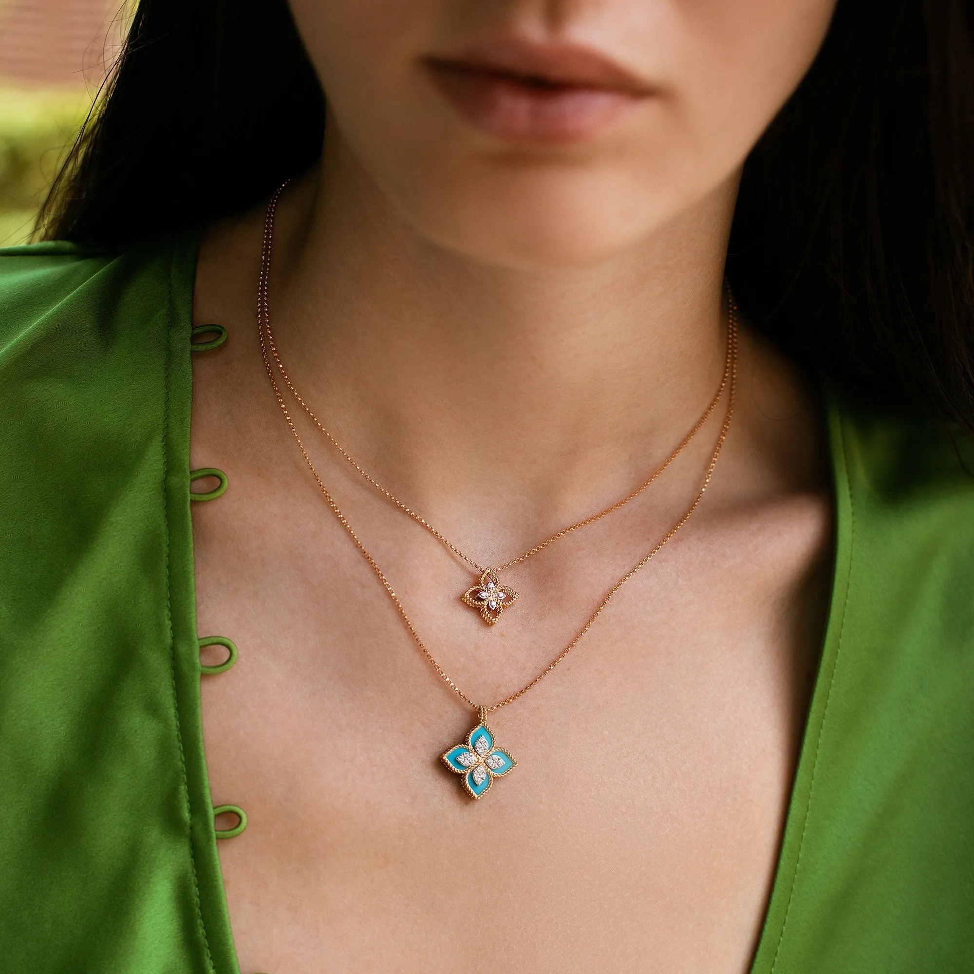 Roberto Coin Princess Flower 18ct Rose Gold Turquoise Diamond Necklace
