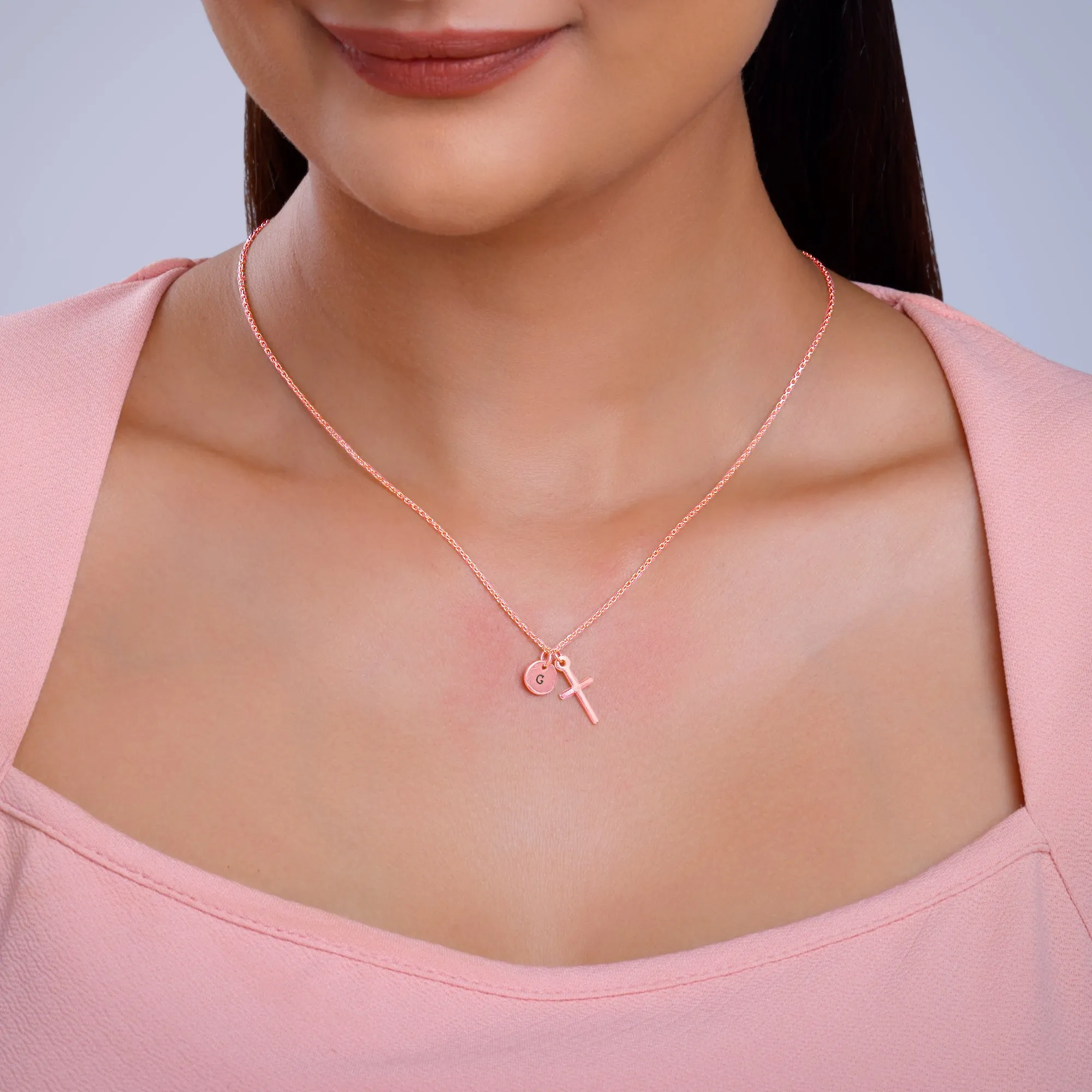 Rose Gold Personalised Halo Cross Pendant With Link Chain Giva