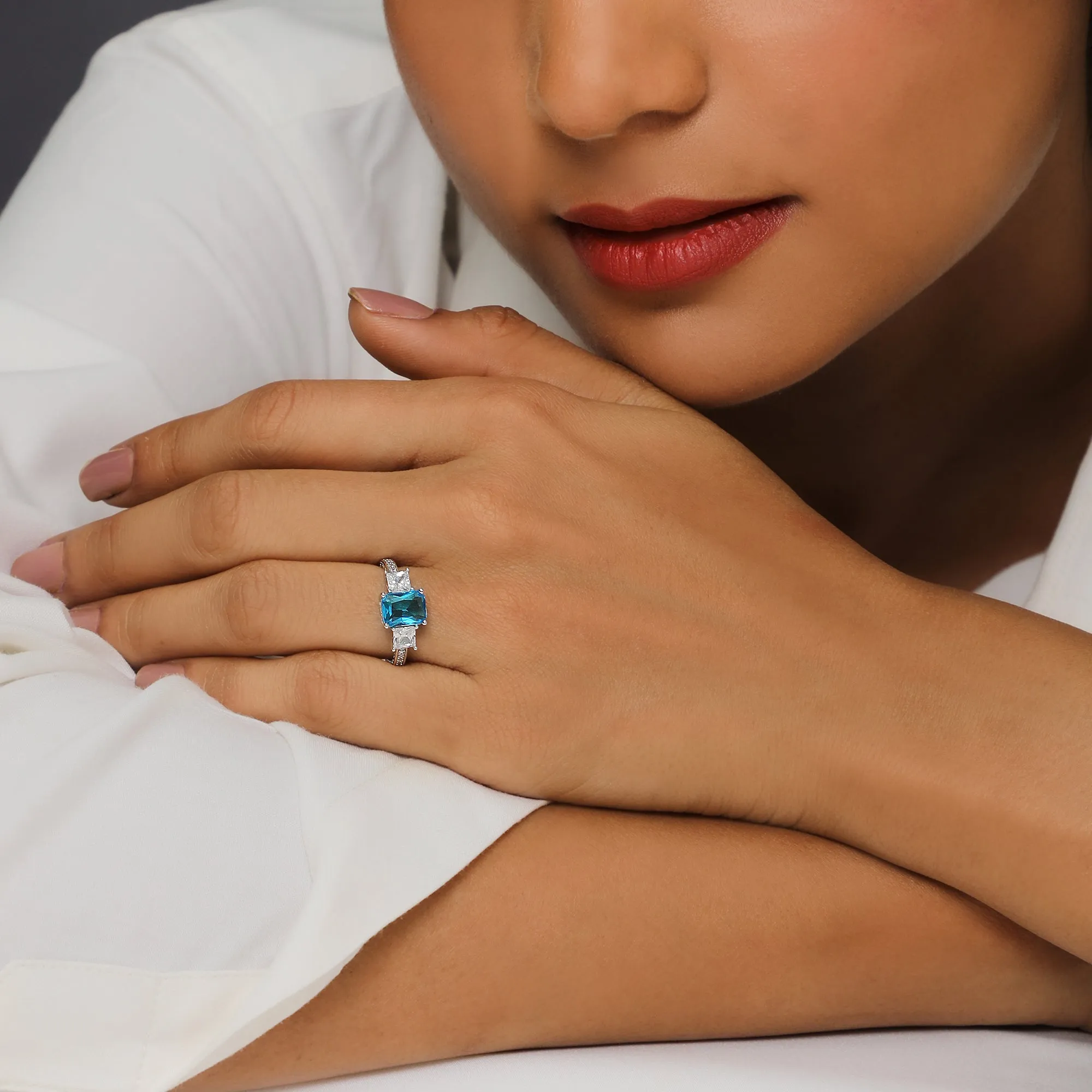 Silver Aqua Blue Baguette Ring Giva