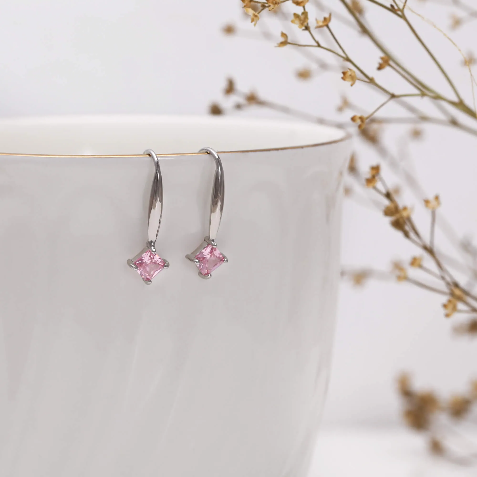 Silver Baby Pink Square Earrings Giva