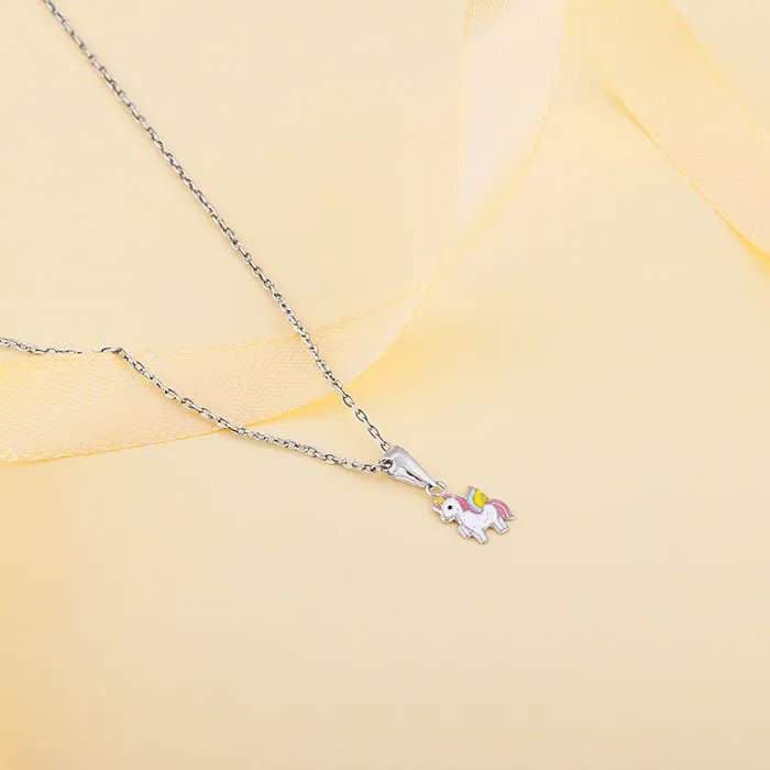 Silver Colourful Unicorn Kids Pendant With Link Chain (7-10 yrs) Giva