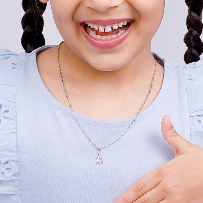 Silver Colourful Unicorn Kids Pendant With Link Chain (7-10 yrs) Giva