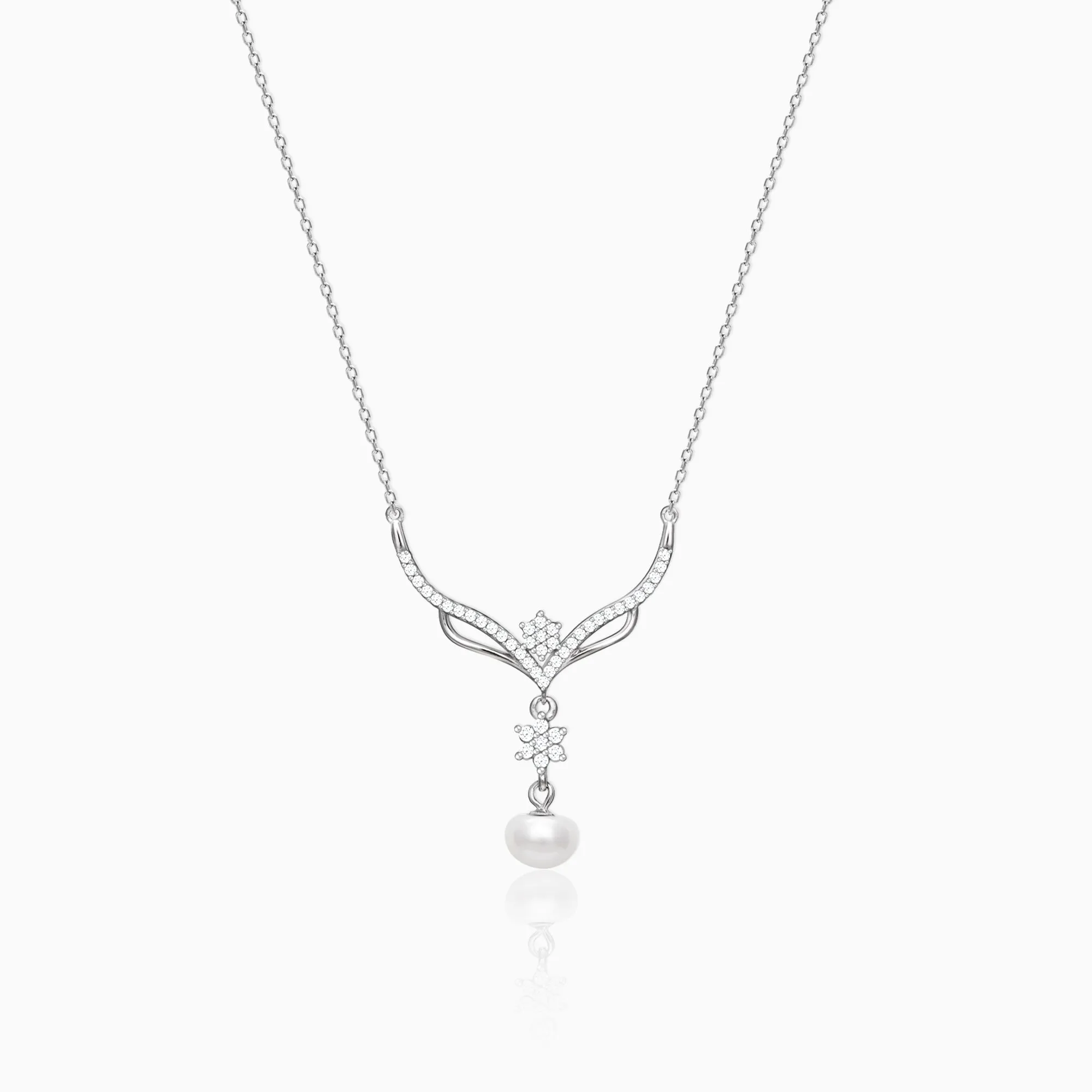 Silver Floral Studded Pearl Necklace Giva