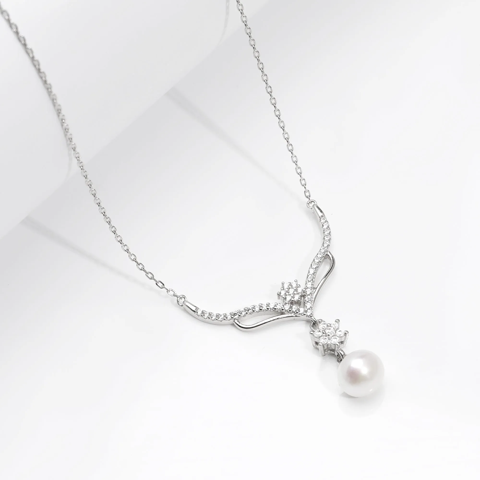 Silver Floral Studded Pearl Necklace Giva