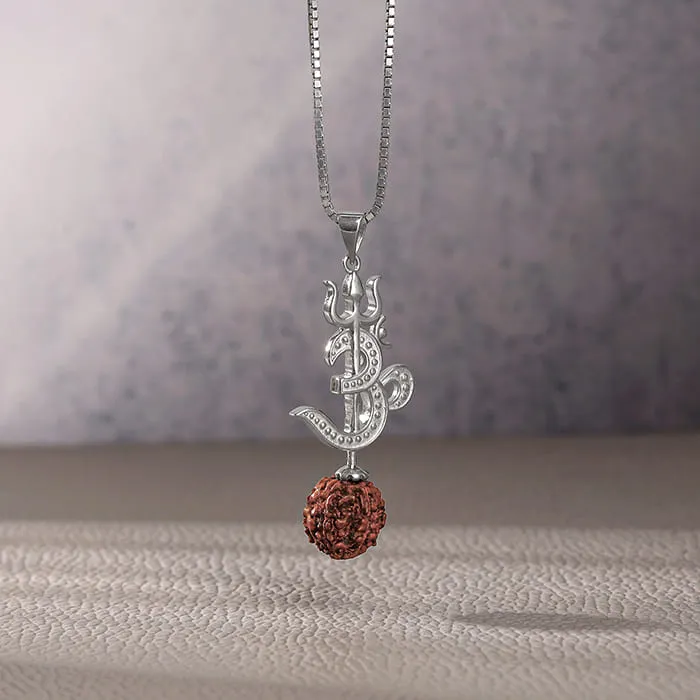 Silver Om Trishul Rudraksha Pendant With Box Chain For Him Giva