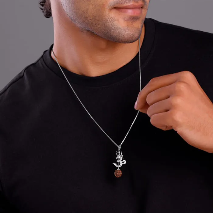 Silver Om Trishul Rudraksha Pendant With Box Chain For Him Giva