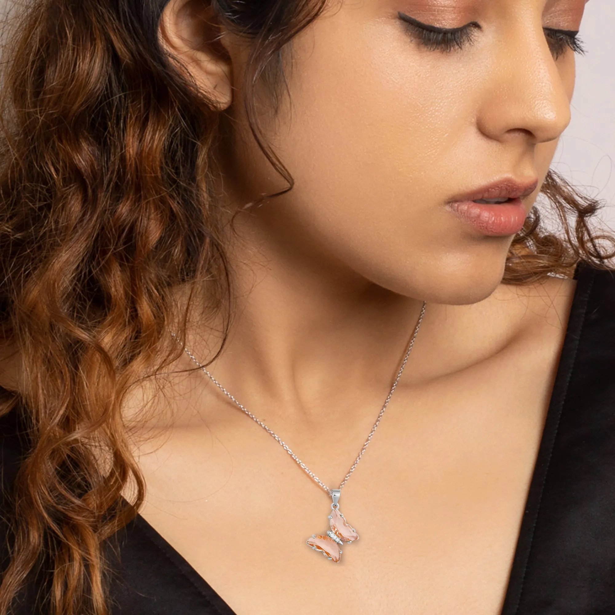 Silver Peach Butterfly Pendant With Link Chain Giva