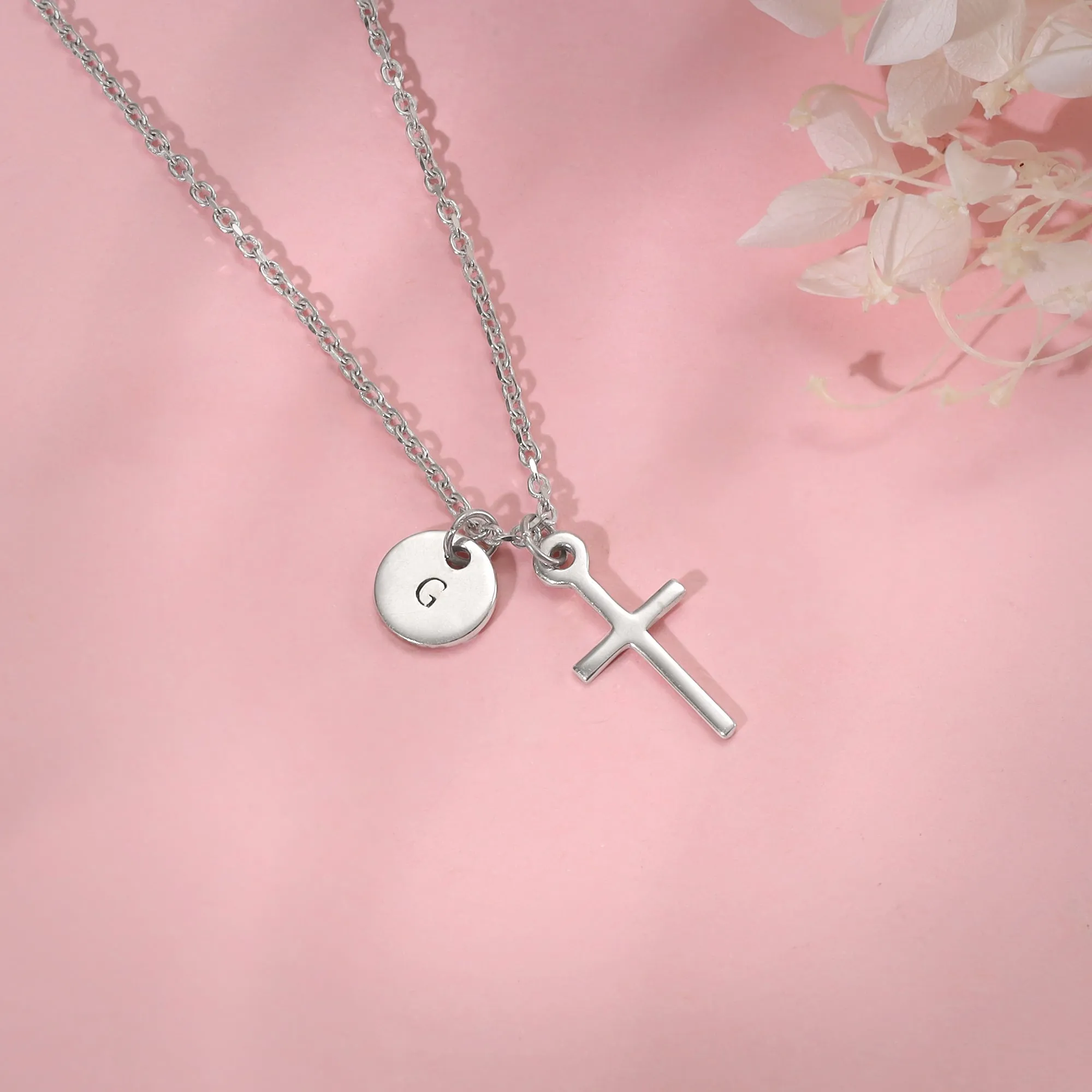 Silver Personalised Halo Cross Pendant With Link Chain Giva