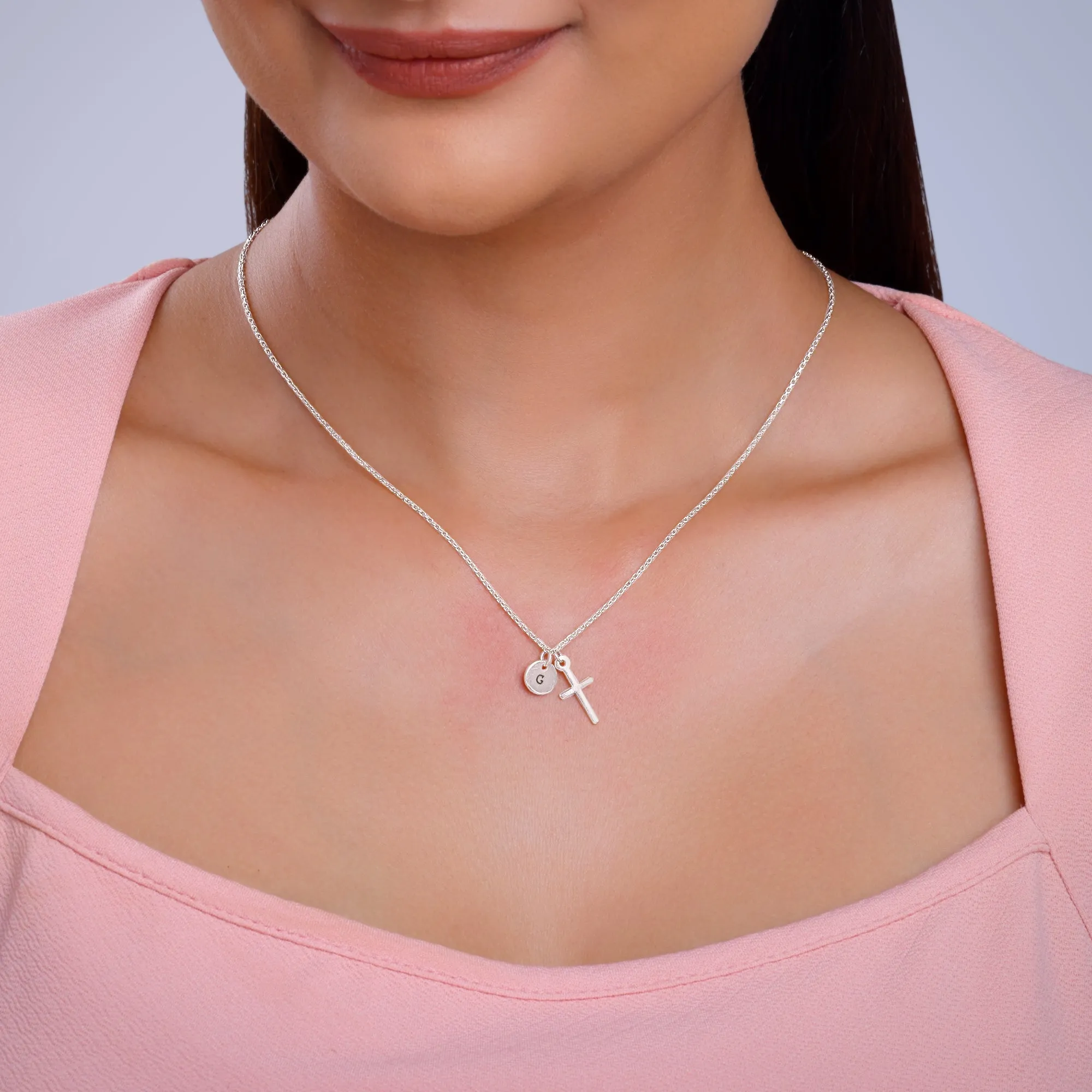Silver Personalised Halo Cross Pendant With Link Chain Giva