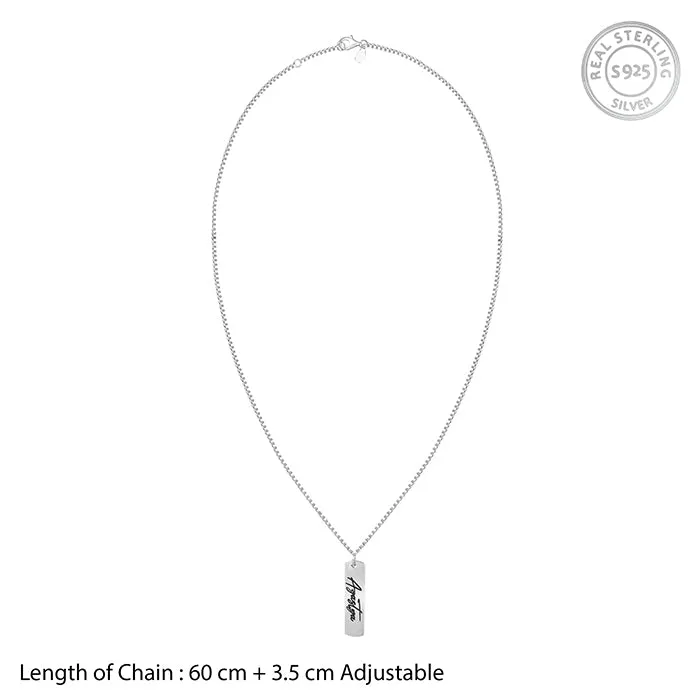 Silver Personalised Vertical Bar Name Pendant with Box Chain For Him Giva