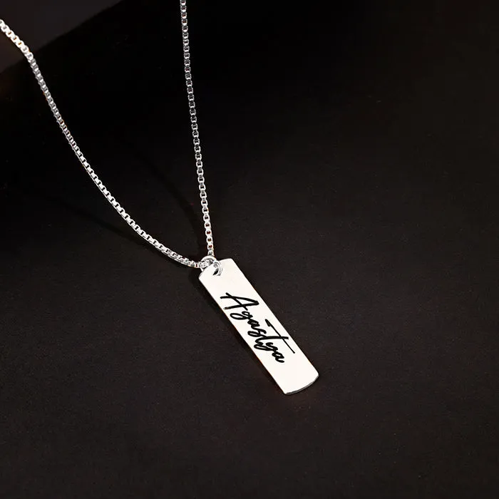 Silver Personalised Vertical Bar Name Pendant with Box Chain For Him Giva