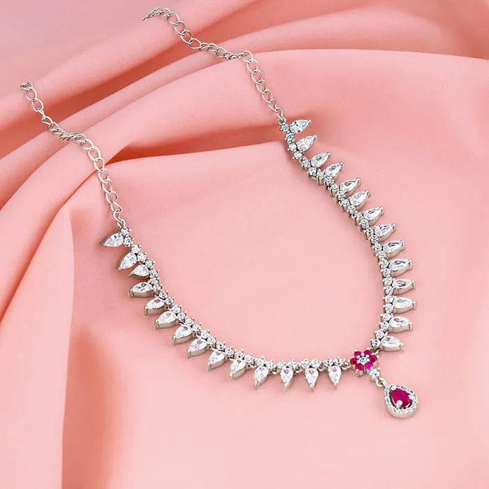 Silver Pink Flower Drop Necklace Giva