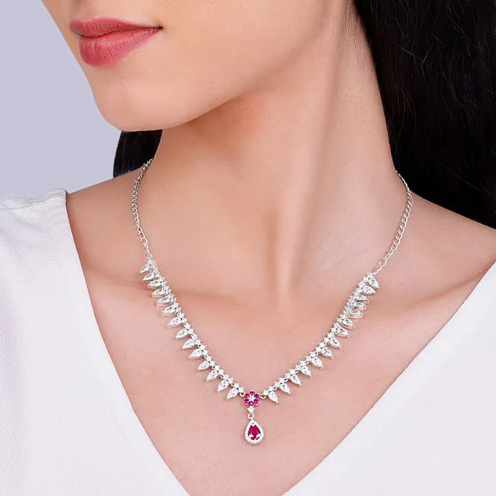 Silver Pink Flower Drop Necklace Giva