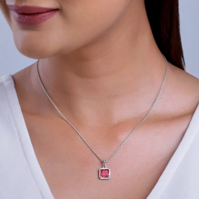 Silver Pink Square Pendant With Link Chain Giva