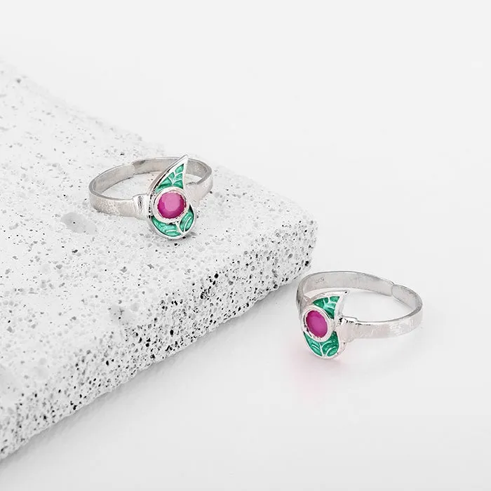 Silver Pink Stone Beautiful Leaf Toe Rings Giva