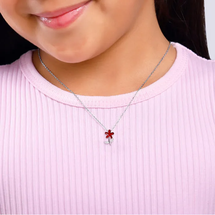 Silver Red Flower Kids Pendant With Link Chain Giva