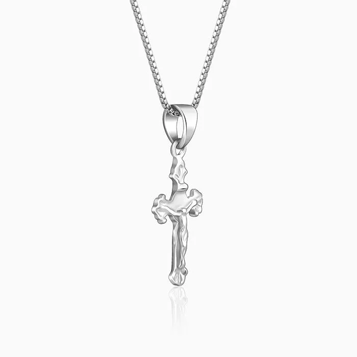 Silver Striped Cross Pendant with Box Chain For Him Giva