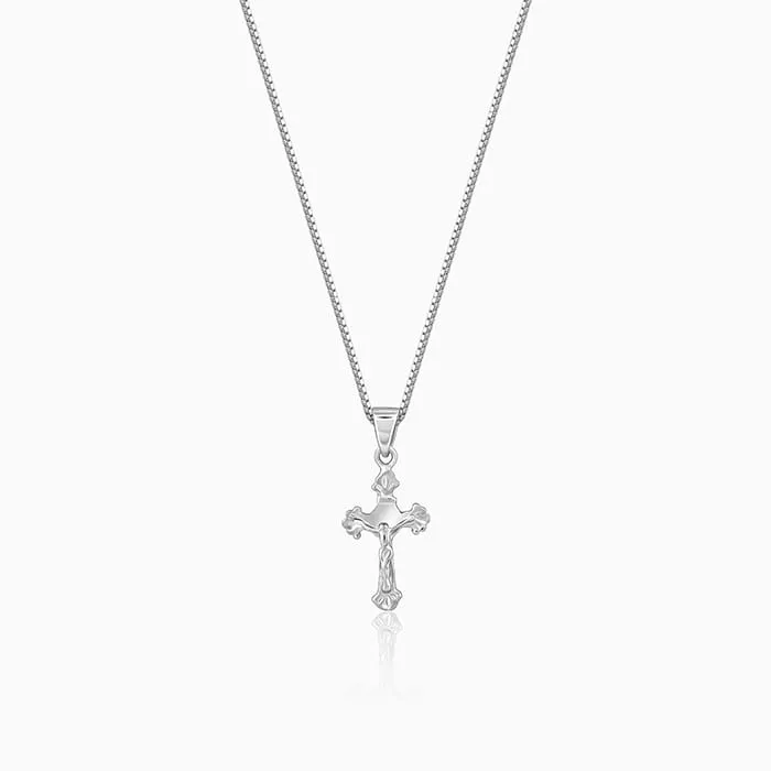Silver Striped Cross Pendant with Box Chain For Him Giva