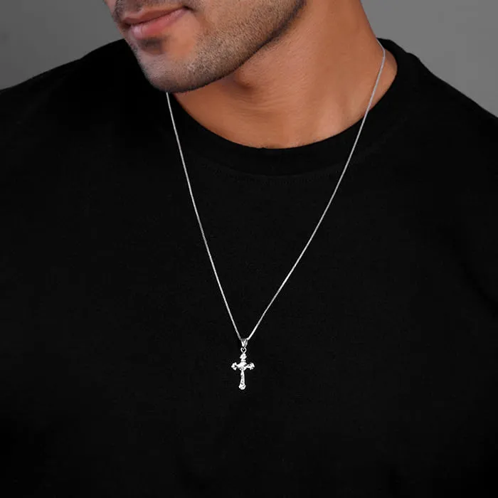 Silver Striped Cross Pendant with Box Chain For Him Giva