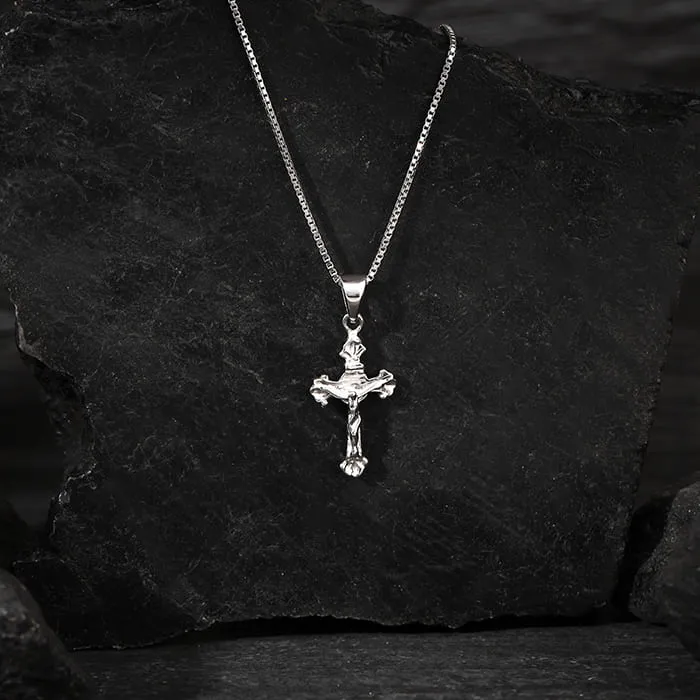 Silver Striped Cross Pendant with Box Chain For Him Giva