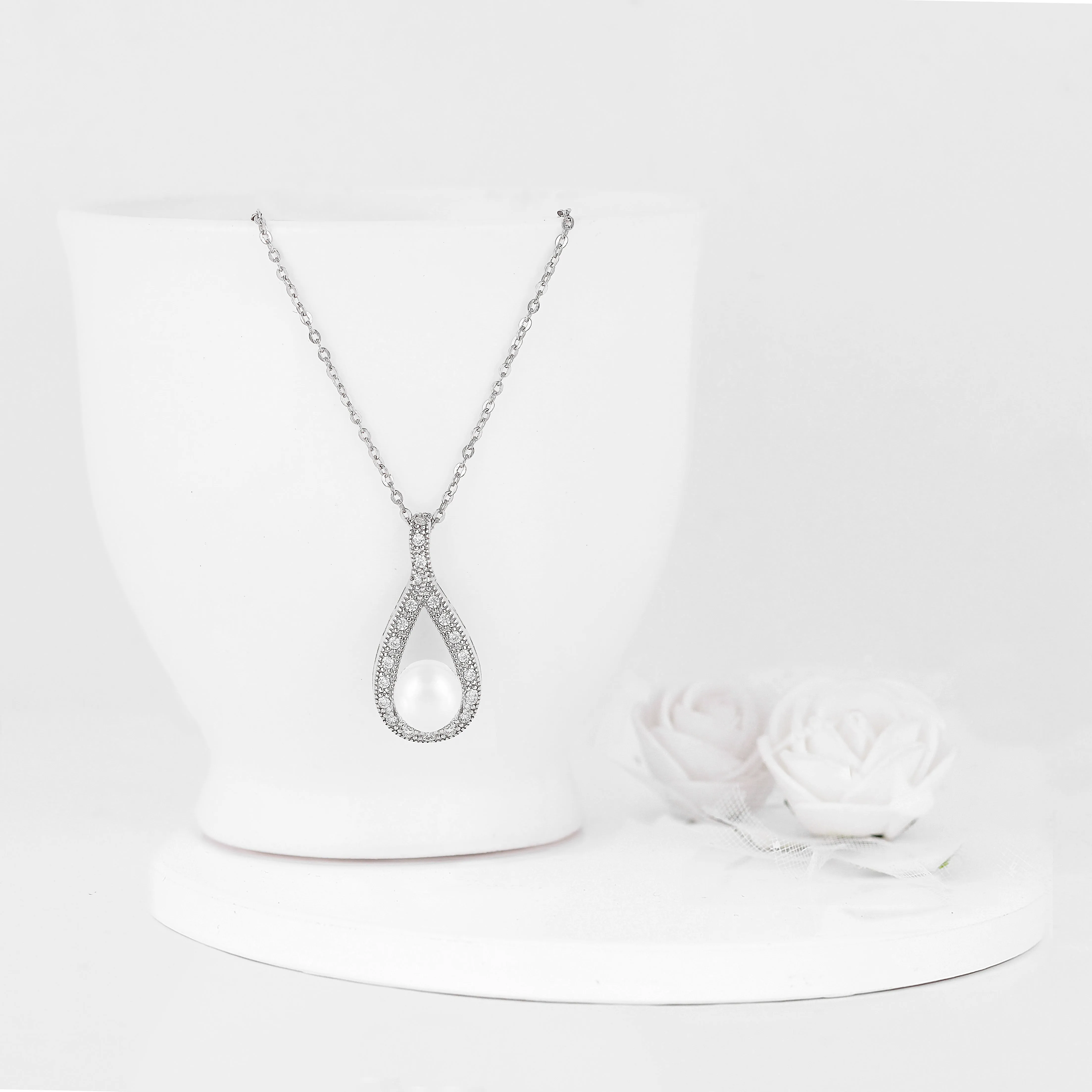 Silver Tear Drop Pearl Pendant With Link Chain Giva