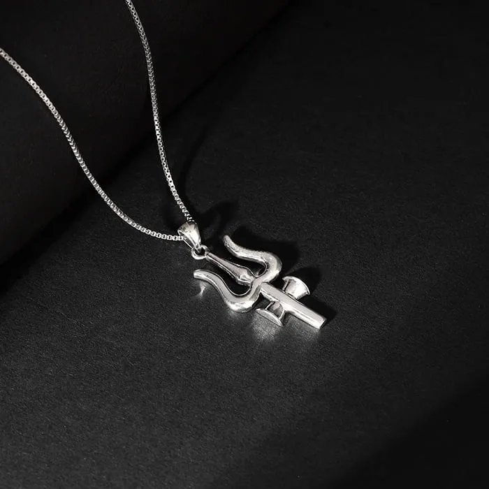 Silver Trident Pendant with Box Chain For Him Giva