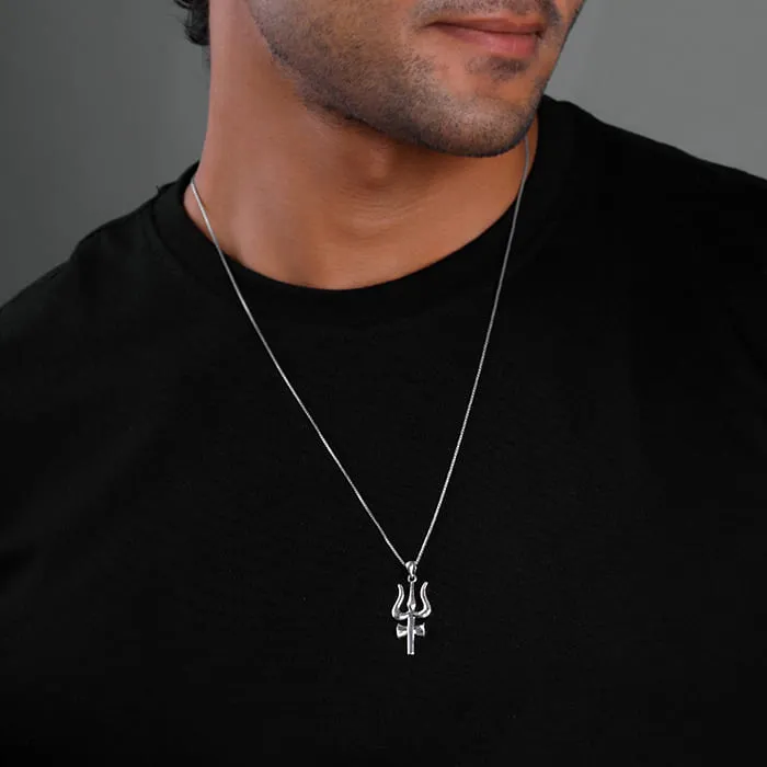 Silver Trident Pendant with Box Chain For Him Giva