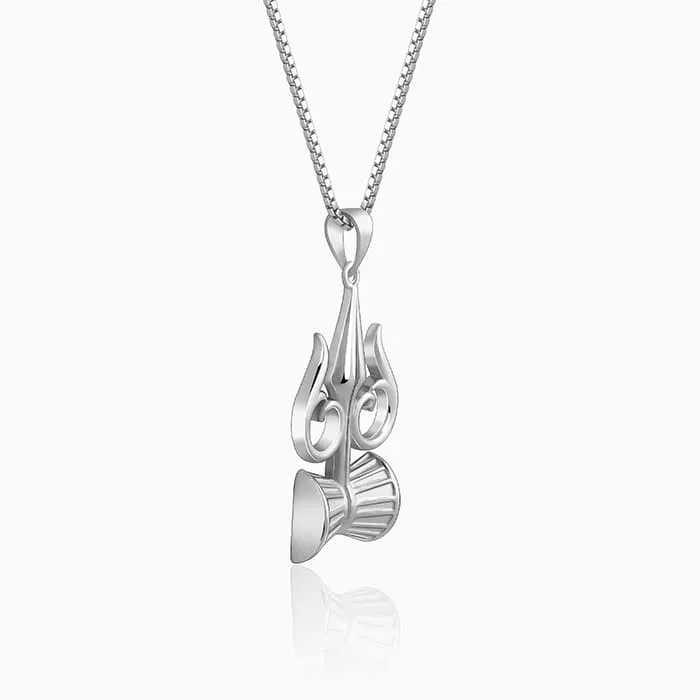 Silver Trishul And Damru Pendant With Box Chain For Him Giva
