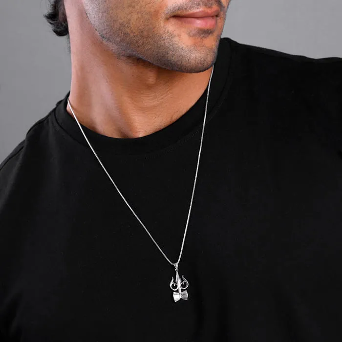 Silver Trishul And Damru Pendant With Box Chain For Him Giva