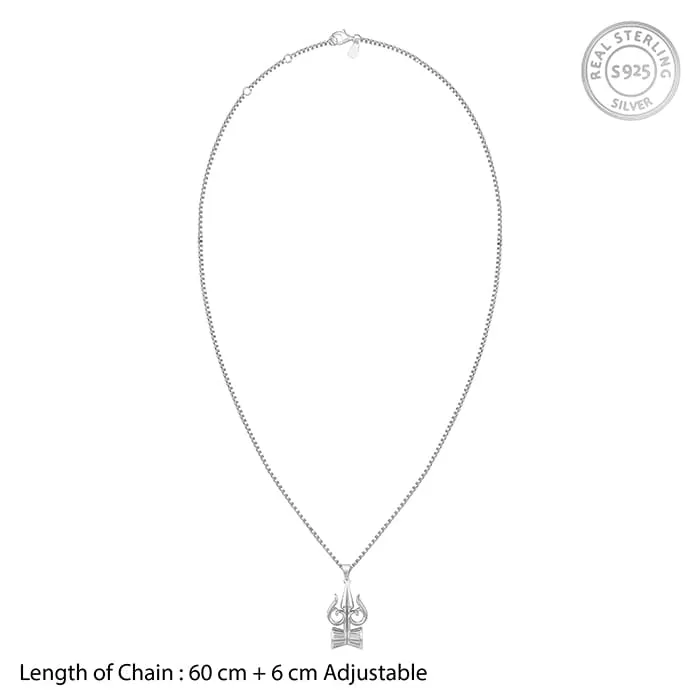 Silver Trishul And Damru Pendant With Box Chain For Him Giva