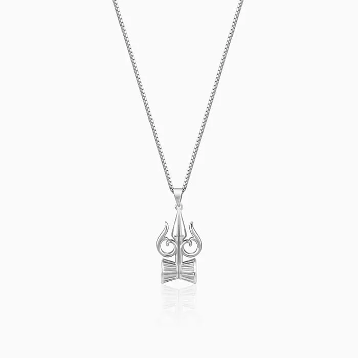 Silver Trishul And Damru Pendant With Box Chain For Him Giva