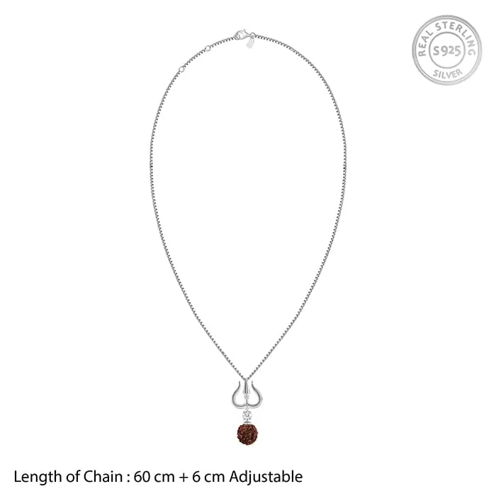 Silver Trishul And Rudraksha Pendant With Box Chain for Him Giva