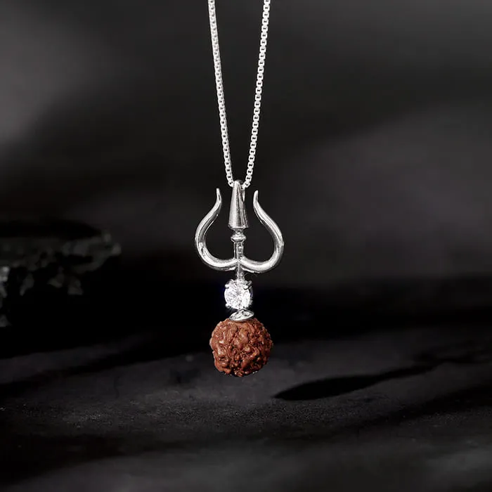 Silver Trishul And Rudraksha Pendant With Box Chain for Him Giva
