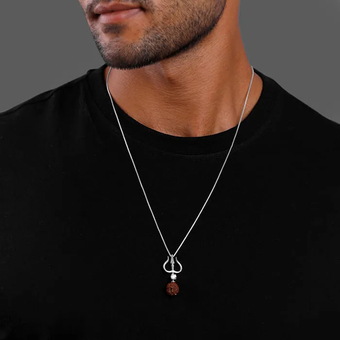 Silver Trishul And Rudraksha Pendant With Box Chain for Him Giva